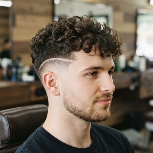 Mid Fade Curly Hair with Surgical Line
