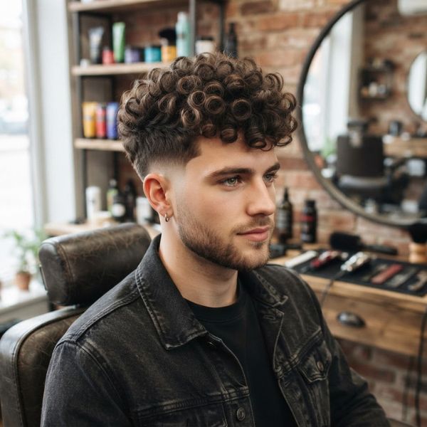 Mid Fade Curly hair with Curly Afro Top