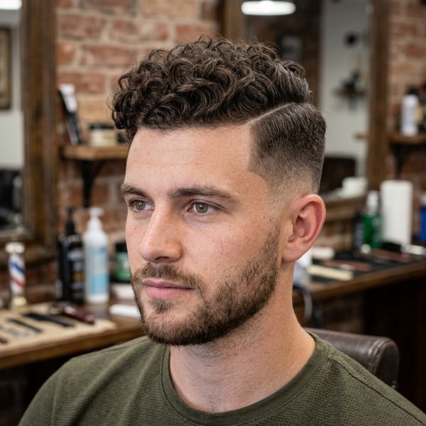 Mid Fade with Curly Hair and Hard Part