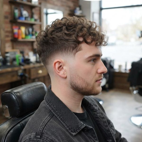 Mid Fade with Curly Hair and Tapered Neckline