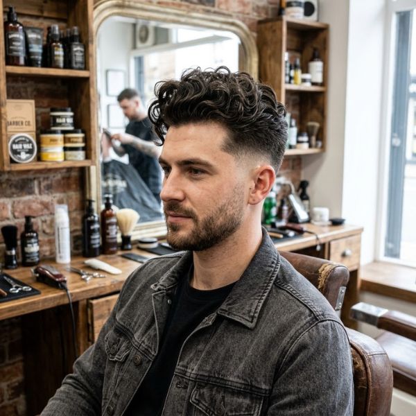 Mid Fade with Curly Pompadour