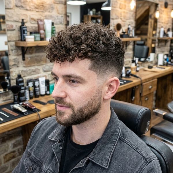 Mid Fade with Curly Top and Temple Fade