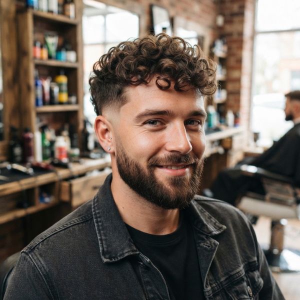 Mid Fade Curly Hair with Beard